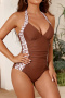 new plus-size patchwork padded geometric printing lace-up halterneck one-piece swimsuit_Black_Dark Green_Brown
