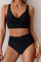 new plus-size patchwork pleat padded 4-color high-wiast tankini sets_Black