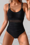 new plus-size patchwork mesh 5-color padded one-piece swimsuit_Black