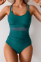 new plus-size patchwork mesh 5-color padded one-piece swimsuit_Black_Pink_Forest Green_Dark Green