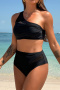 new plus-size patchwork 6-color padded single shoulder high-waist tankini sets_Black