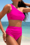 new plus-size patchwork 6-color padded single shoulder high-waist tankini sets_Black_Magenta