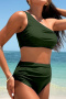 new plus-size patchwork 6-color padded single shoulder high-waist tankini sets_Black_Magenta_Dark Green