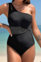 sexy plus-size patchwork mesh see-through padded 6-color one-piece swimsuit_Black