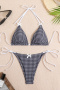 sexy patchwork 5-color lattices printing bow padded lace-up triangle bikini sets_Black