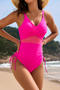 new plus-size patchwork mesh 5-color padded drawstring one-piece swimsuit_Black_Pink