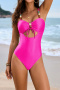 new plus-size patchwork padded hollow 4-color drawstring one-piece swimsuit_Black_Magenta