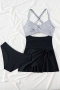 new stylish contrast patchwork stripes printing padded lace-up tankini sets_Black