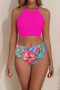 s-xl stylish patchwork padded flowers printing 3-color one-piece swimsuit_Black_Magenta