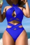 sexy hollow patchwork 3-color padded lace-up halterneck tankini sets_Black_Red_Sea Blue