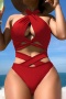 sexy hollow patchwork 3-color padded lace-up halterneck tankini sets_Black_Red