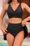stylish plus size two colors padded v-neck skirt hem tankini set_Black