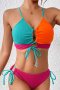 stylish contrast color patchwork padded lace-up tankini sets_Orange