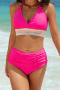 new plus-size patchwork padded 5-color halterneck high-waist pleat tankini sets_Black_Magenta