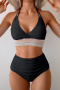 new plus-size patchwork padded 5-color halterneck high-waist pleat tankini sets_Black