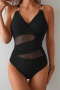 new patchwork mesh 3-color padded suspender one-piece swimsuit_Black
