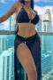 sexy padded 6-color lace-up three-piece swimsuit with one size mesh cover-up_Black