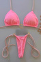 sexy patchwork contrast nylon padded lace-up halterneck triangle bikini sets_Pink