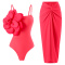 stylish 3-color 3d flowers padded one-piece swimsuit with chiffon one size skirt_Pink_Watermelon Red