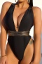 sexy patchwork 3-color padded holographic suspender one-piece swimsuit_Black