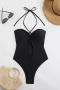 sexy patchwork 5-color padded lace-up halterneck one-piece swimsuit_Black