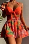 sexy 5 colors leaf print padded underwire skirt halter-neck three-piece swimsuit_Black_Red_Magenta_Orange