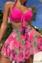 sexy 5 colors leaf print padded underwire skirt halter-neck three-piece swimsuit_Black_Red_Magenta