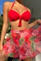 sexy 5 colors leaf print padded underwire skirt halter-neck three-piece swimsuit_Black_Red