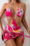 sexy patchwork contrast color padded halterneck one-piece swimsuit cover-up sets_Red_Magenta