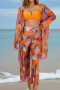 stylish patchwork leaves printing 4-color padded four-piece swimsuit_Black_Orange