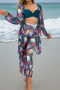 stylish patchwork leaves printing 4-color padded four-piece swimsuit_Black_Orange_Dark Green