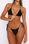 sexy solid color patchwork padded lace-up halterneck triangle bikini sets_Black