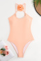 new patchwork solid color padded 3d flower suspender one-piece swimsuit_Black_Light Pink