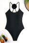 new patchwork solid color padded 3d flower suspender one-piece swimsuit_Black