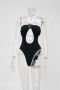 sexy contrast patchwork 3d flower padded hollow halterneck one-piece swimsuit_Black