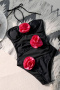 new patchwork contrast 3d flowers padded hollow halterneck one-piece swimsuit_White_Magenta