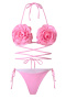 new patchwork 3-color 3d flowers padded lace-up halterneck bikini sets_Black_Pink