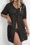sexy cut out knitted single-breasted v-neck beach cover-up(only cover-up)_Black
