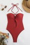 new patchwork 5-color nylon padded lace-up halterneck one-piece swimsuit_Black_Rose Red