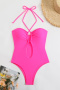new patchwork 5-color nylon padded lace-up halterneck one-piece swimsuit_Black_Rose Red_Magenta