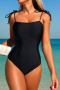 new resort-style solid color patchwork padded suspender one-piece swimsuit_Black