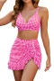 sexy plus size checkered print padded v-neck ruffle skirt three-piece swimsuit_Black_Pink