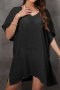 stylish pure color v-neck loose beach dress cover-up(only cover-up)_Black