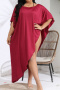 beach plus size slight stretch solid large round neck irregular cover up_Black_Rose Red