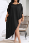 beach plus size slight stretch solid large round neck irregular cover up_Black