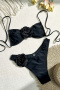 beach solid 3d flower decor padded two piece set bikini_Black