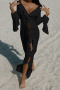 sexy non-stretch solid color see-through cardigan beach cover-up_Black