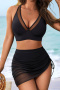sexy plus size stretch stitching mesh v-neck drawstring padded bikini sets_Black