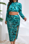 stylish plus size tie dye padded long sleeve mesh skirt three-piece swimsuit_Green