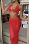 sexy cut out knitted 3d flower halter-neck vest & skirt two-piece cover-up_White_Red